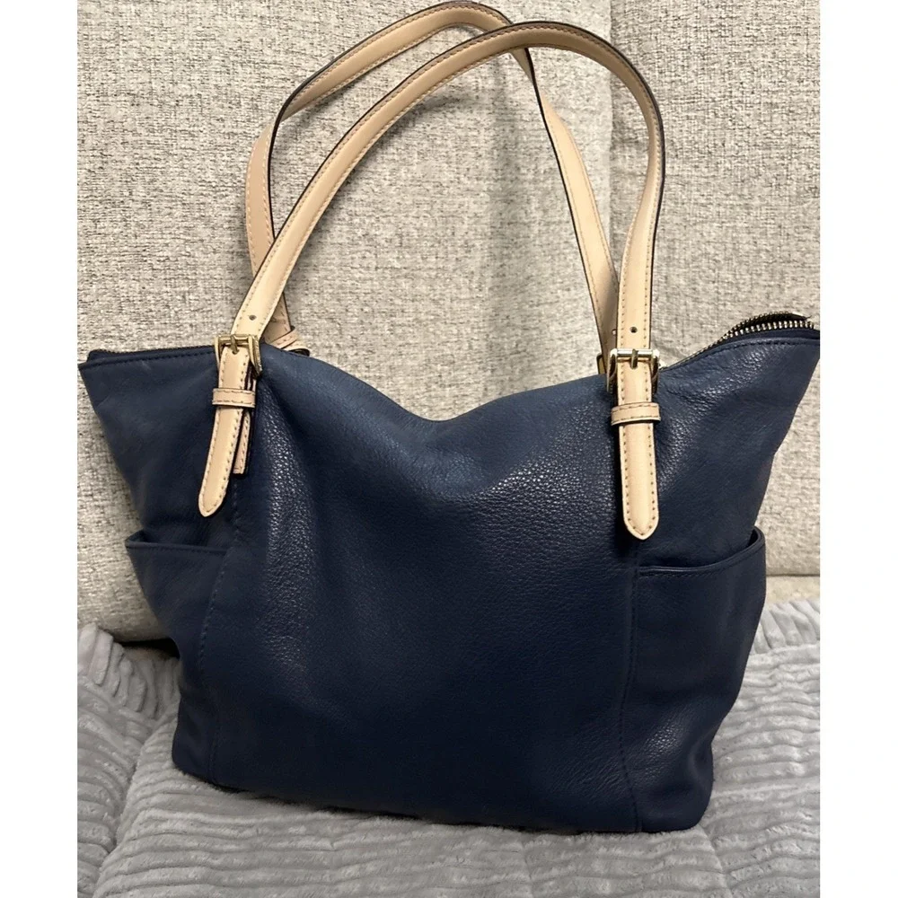 Michael Kors Navy Zip Top Tote Bag Gold Hardware w/ MK Charm Lined Pockets
